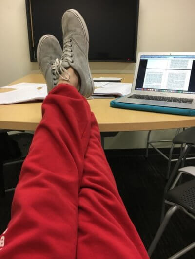 Sporting sweatpants in the study room