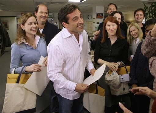 Actor Steve Carell receives certificates for his three Screen Actors Guild Awards nominations on the set of the television show "The Office," in Panorama City, California