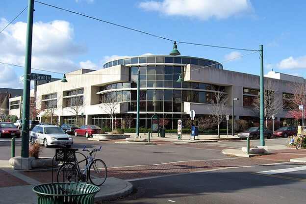 The Monroe County library is located in the heart of downtown Bloomington.