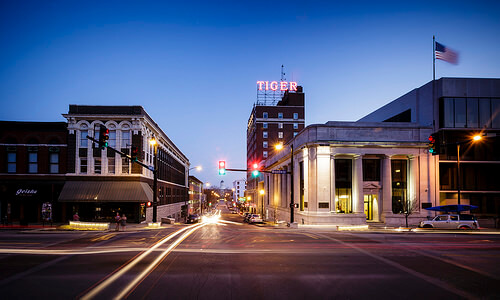 Downtown Columbia, Missouri looks beautiful on at night.
