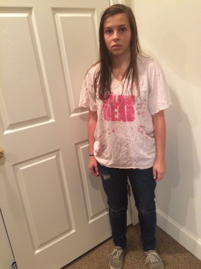 Hannah dressed up like a zombie, not caring about her appearance.