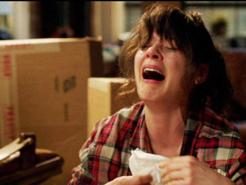 Jess from New Girl crying because college is hard