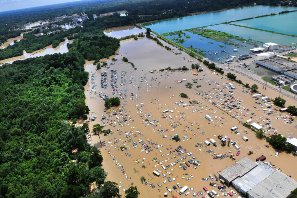 "A view from an MH-65 Dolphin helicopter shows flooding and devastation in Baton Rouge, La."