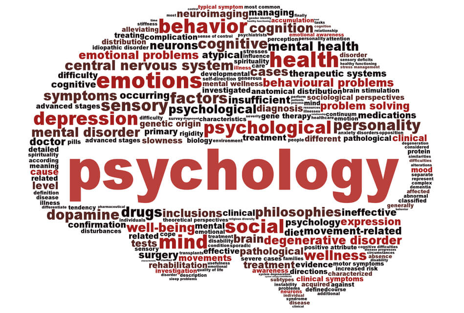 a brain image made up of psychology terms