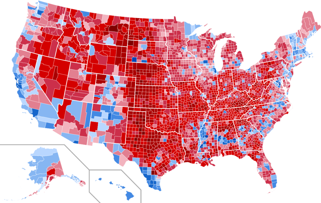 A map of the United States color-coded in blue in red to show presidential election results by county.