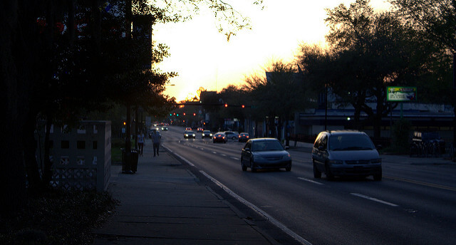 A streetside view of University Avenue in Gainesville at dusk.