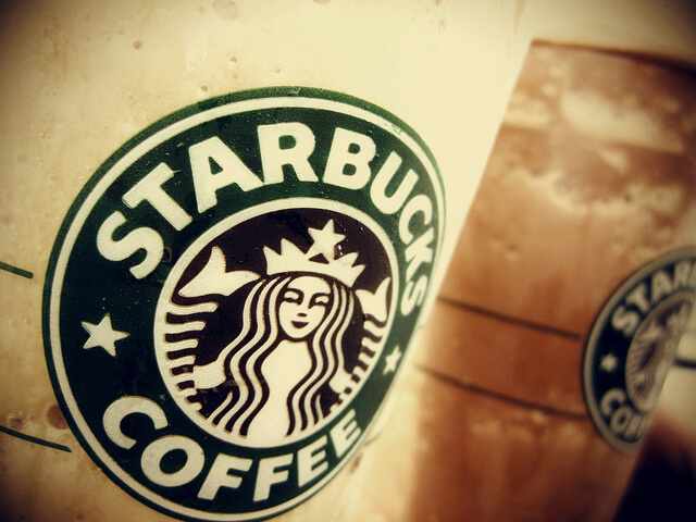 A closeup of the Starbucks logo on two iced drinks. 