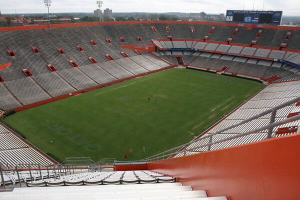 A view of an empty Ben Hill Griffin Stadium in gainesville 