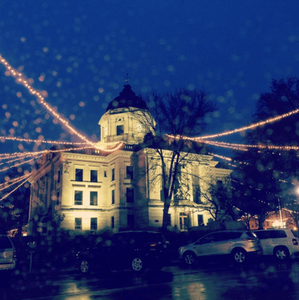 Courthouse Square looks romantic with the string lights at night.