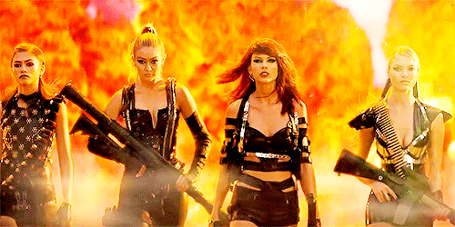 Taylor Swift and her girl squad ride in for the "Bad Blood" music video.