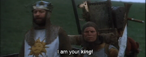 This picture shows a scene from Monty Python and the Holy Grail when they say they did not vote for the king.