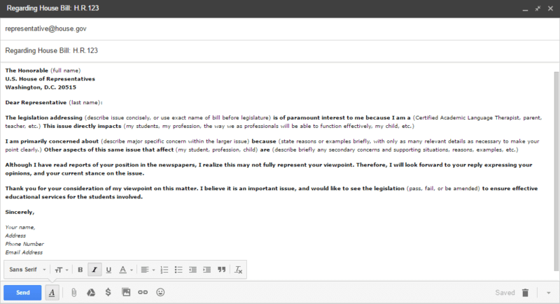 Write a professional email to your local government congressman.