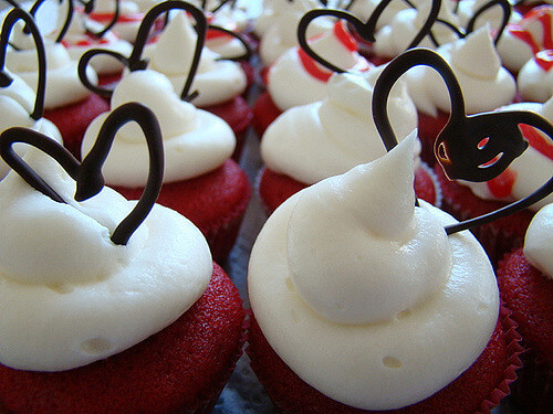A romantic Valentine's Day Picnic needs red velvet cupcakes with a chocolate heart topper