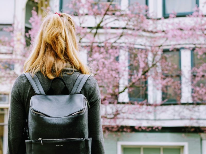 college transition girl with backpack pink flowers