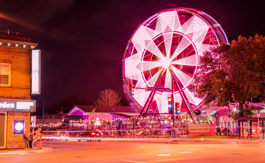 pink lit up Ferris wheel