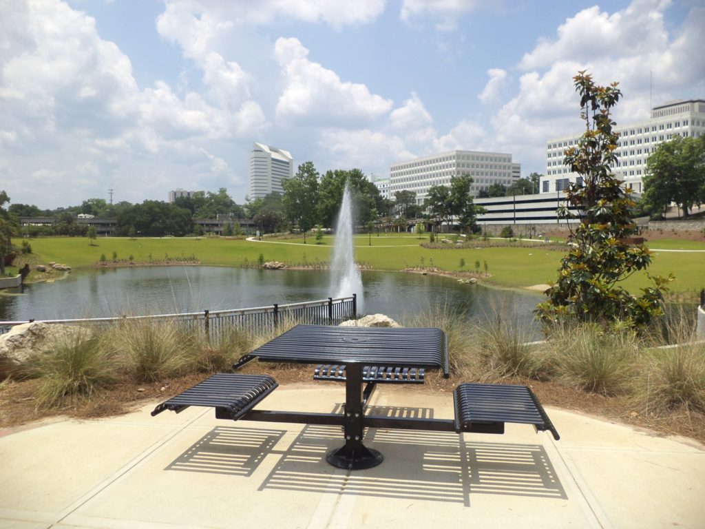 Cascades Park bench and fountain