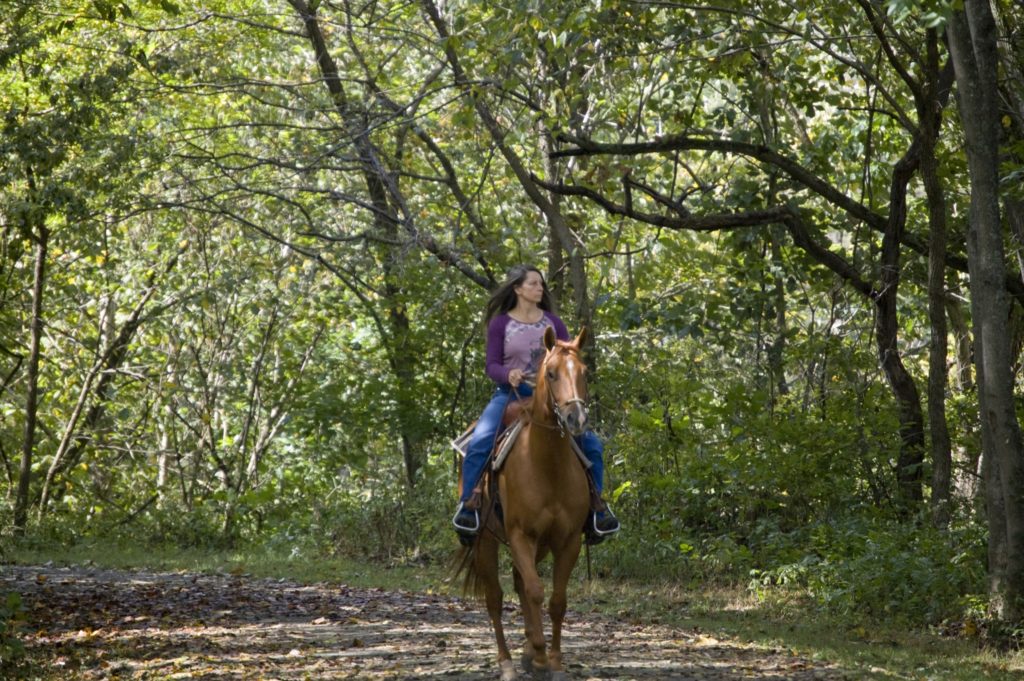 girl horseback riding in woods