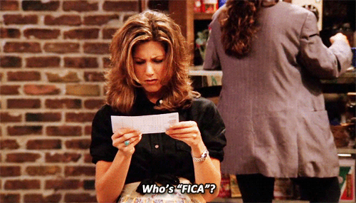 rachel from friends "who's FICA?" apply for cedit card gif