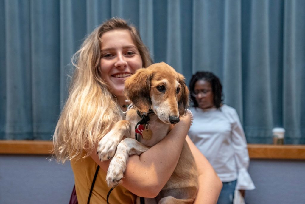 girl holding dog