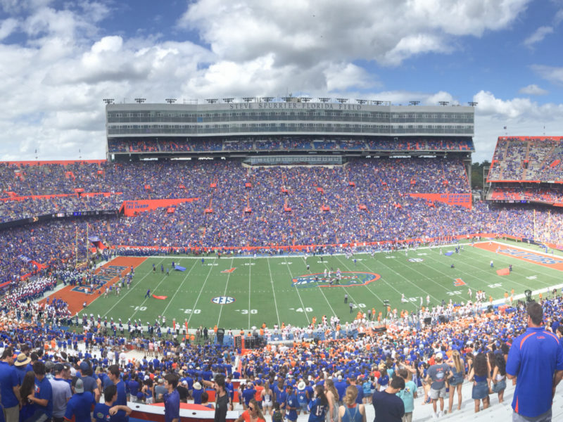 A panoramic view of "The Swamp" during a football game.