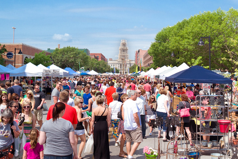 People gather at Des Moines Farmers Market