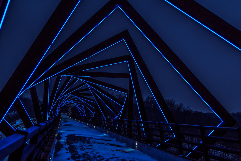 Lights illuminate the darkness at High Trestle Trail Bridge