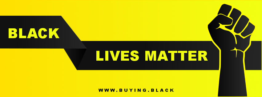 yellow text says black lives matter with a black raised fist next to it