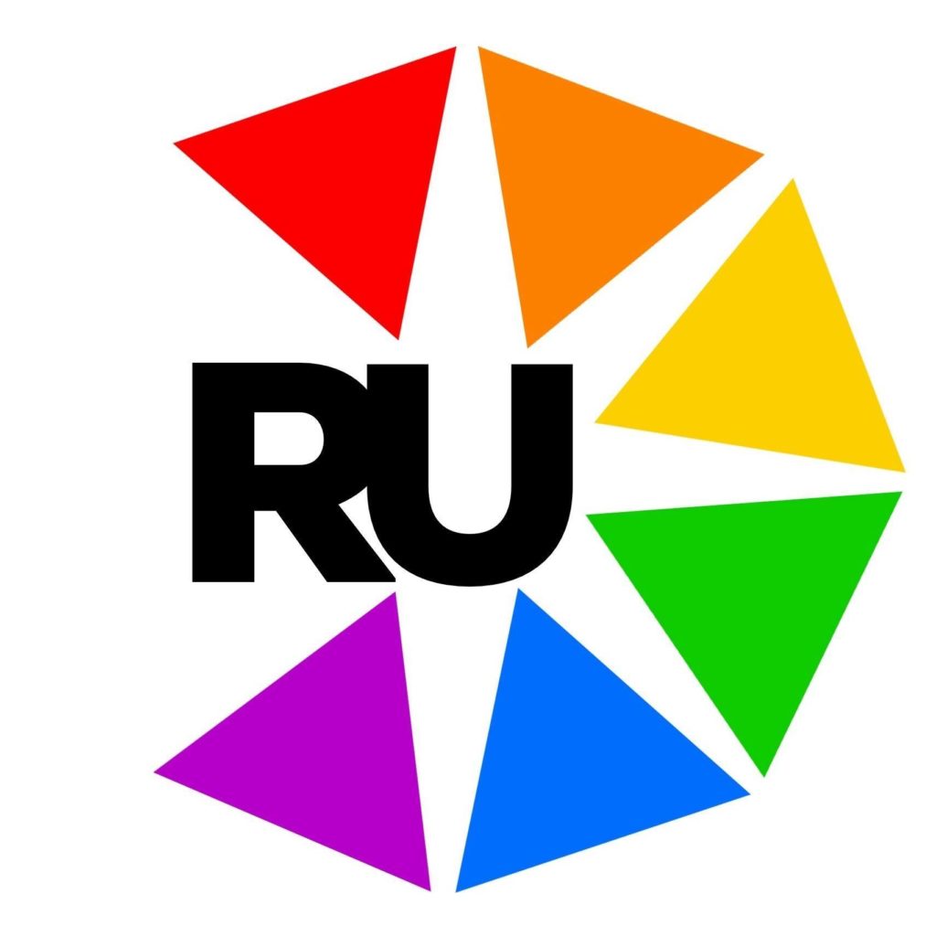 A logo with colored triangles and the letters RU