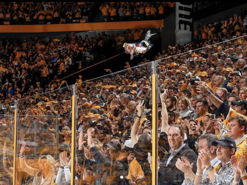 a catfish being thrown onto the ice at a Nashville Predators hockey game