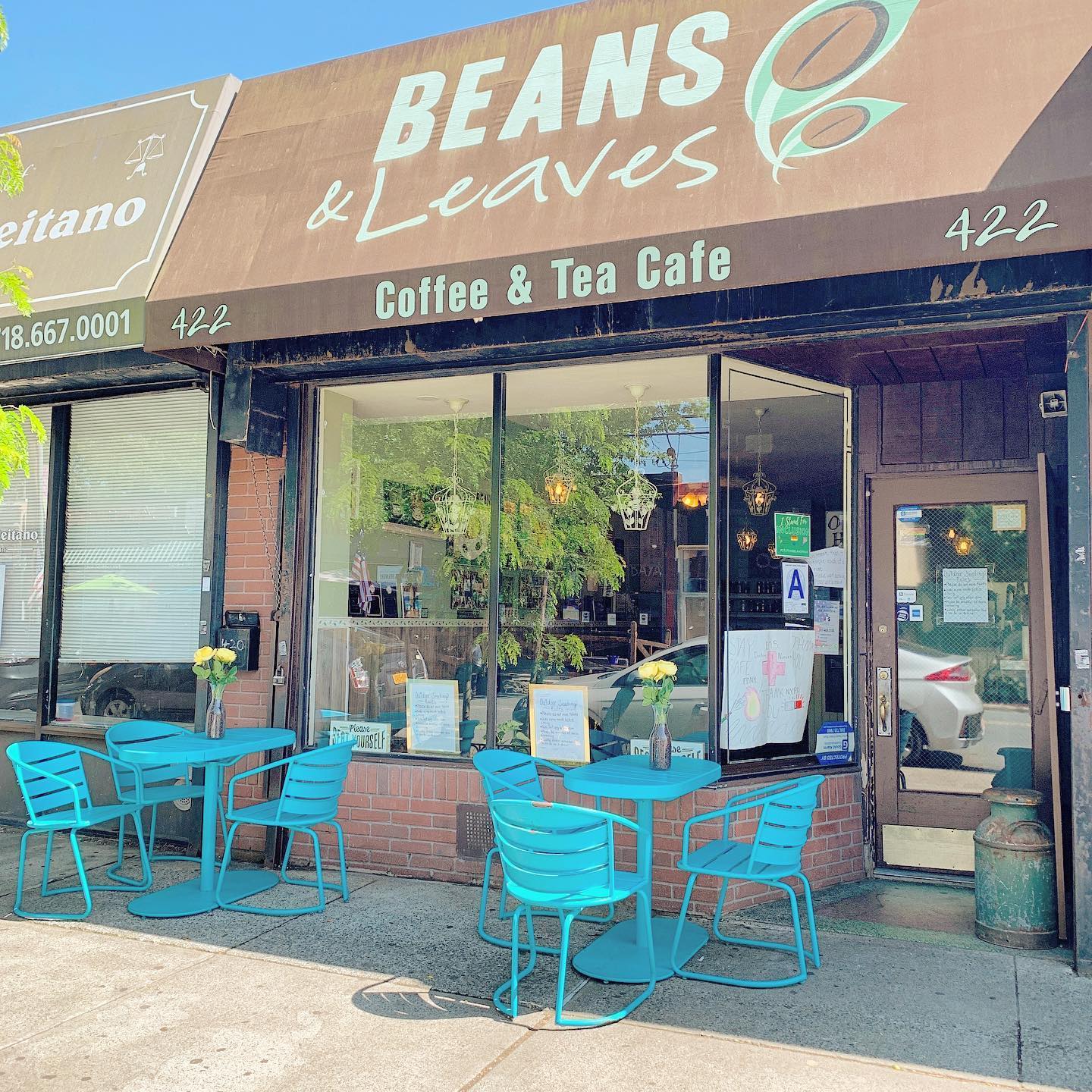 beans and leaves coffee shop with outside seating