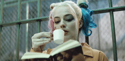 harley quinn sipping tea and reading