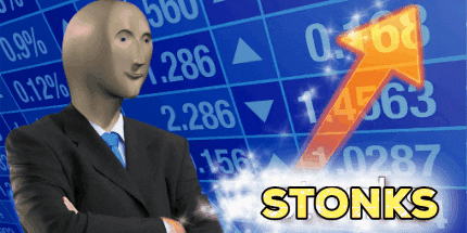 stonks meme of animated business man standing in front of a stock board with an arrow pointing up