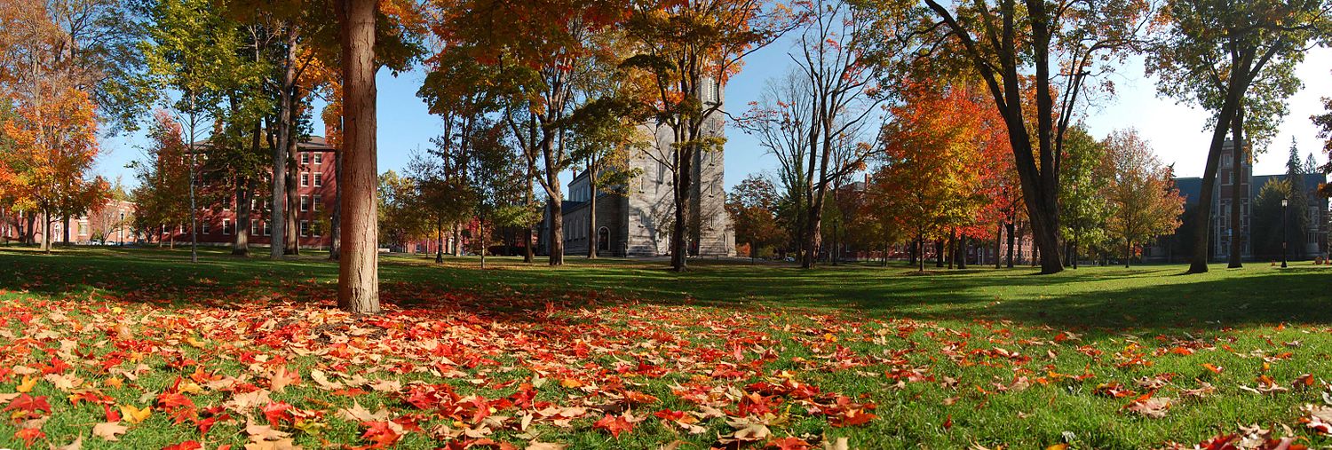 Bowdoin college with fall leaves