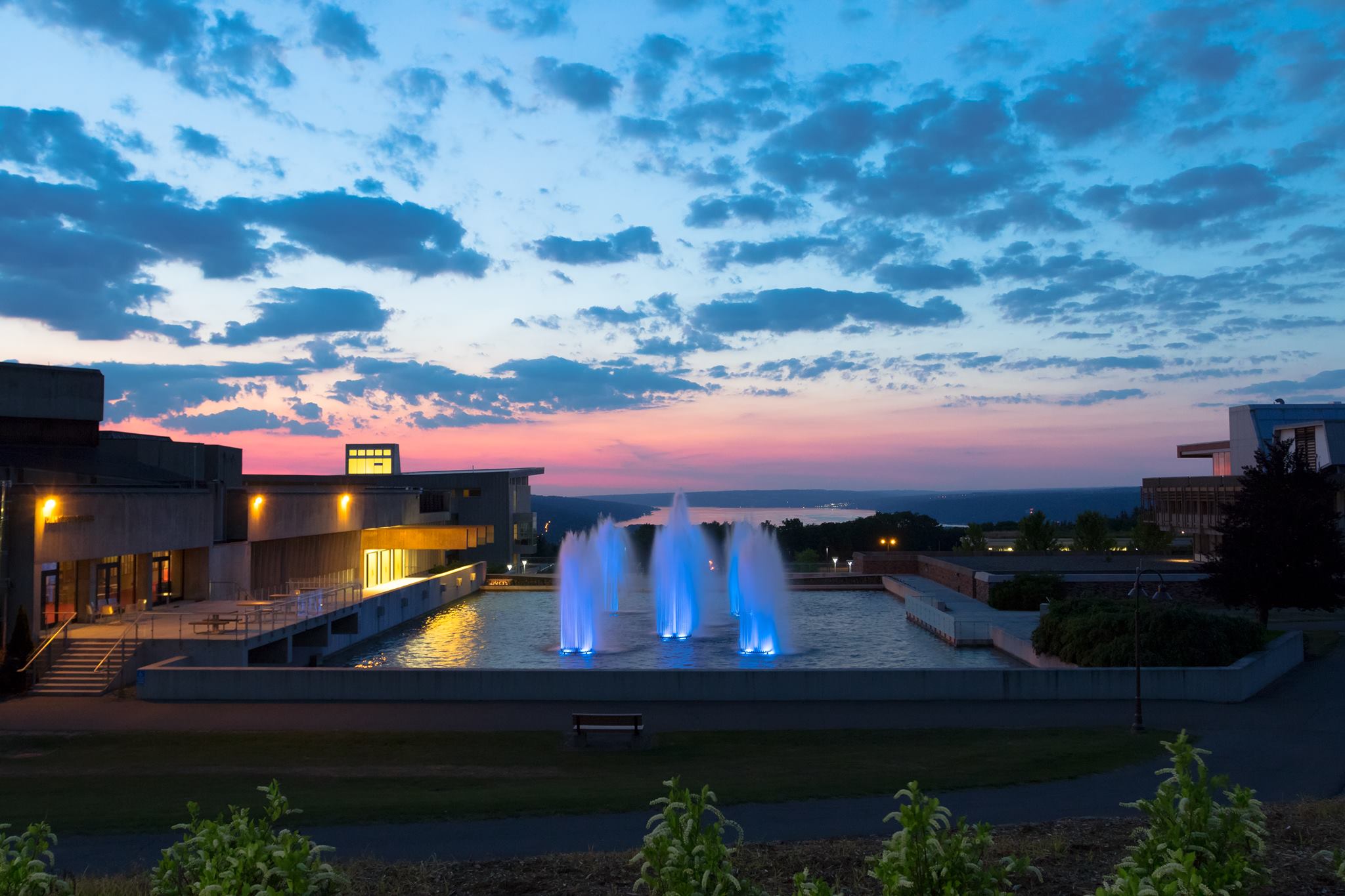 Ithaca college fountains and sunset