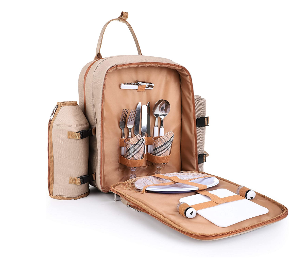 brown picnic basket backpack on table