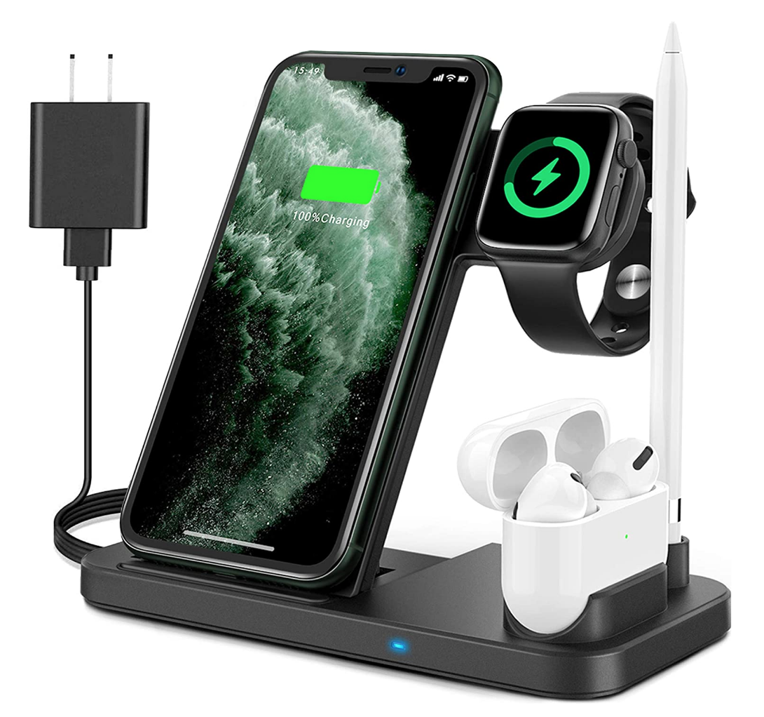 wireless charging doc displaying it charging an iphone, apple watch, airpods and an apple pencil