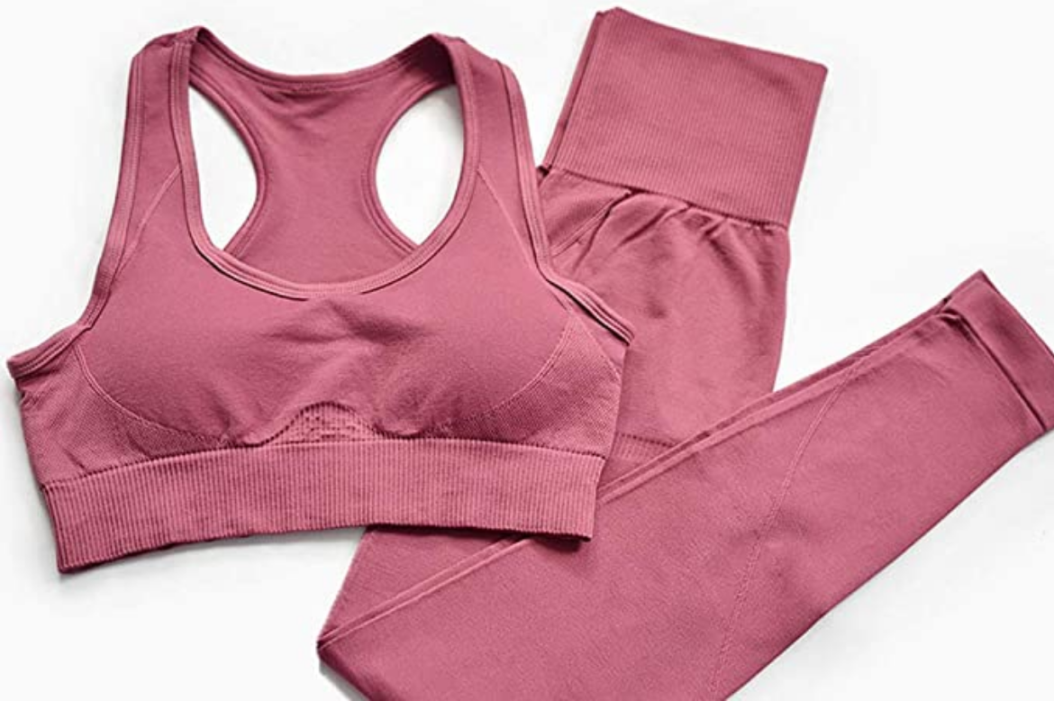 aerial shot of a pink set of yoga pants and bra