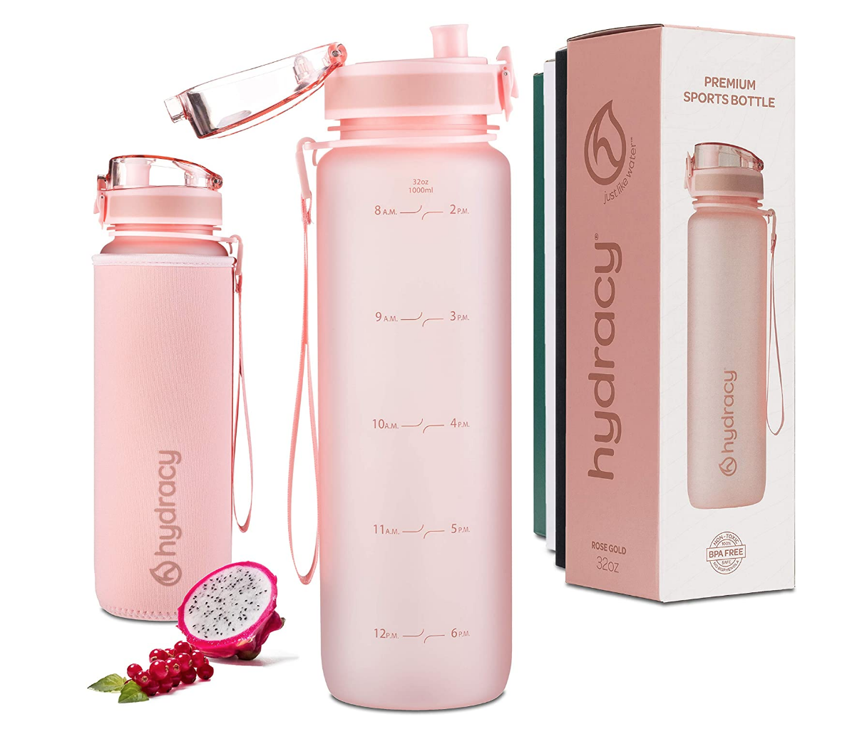 pink hydracy water bottle on a white table