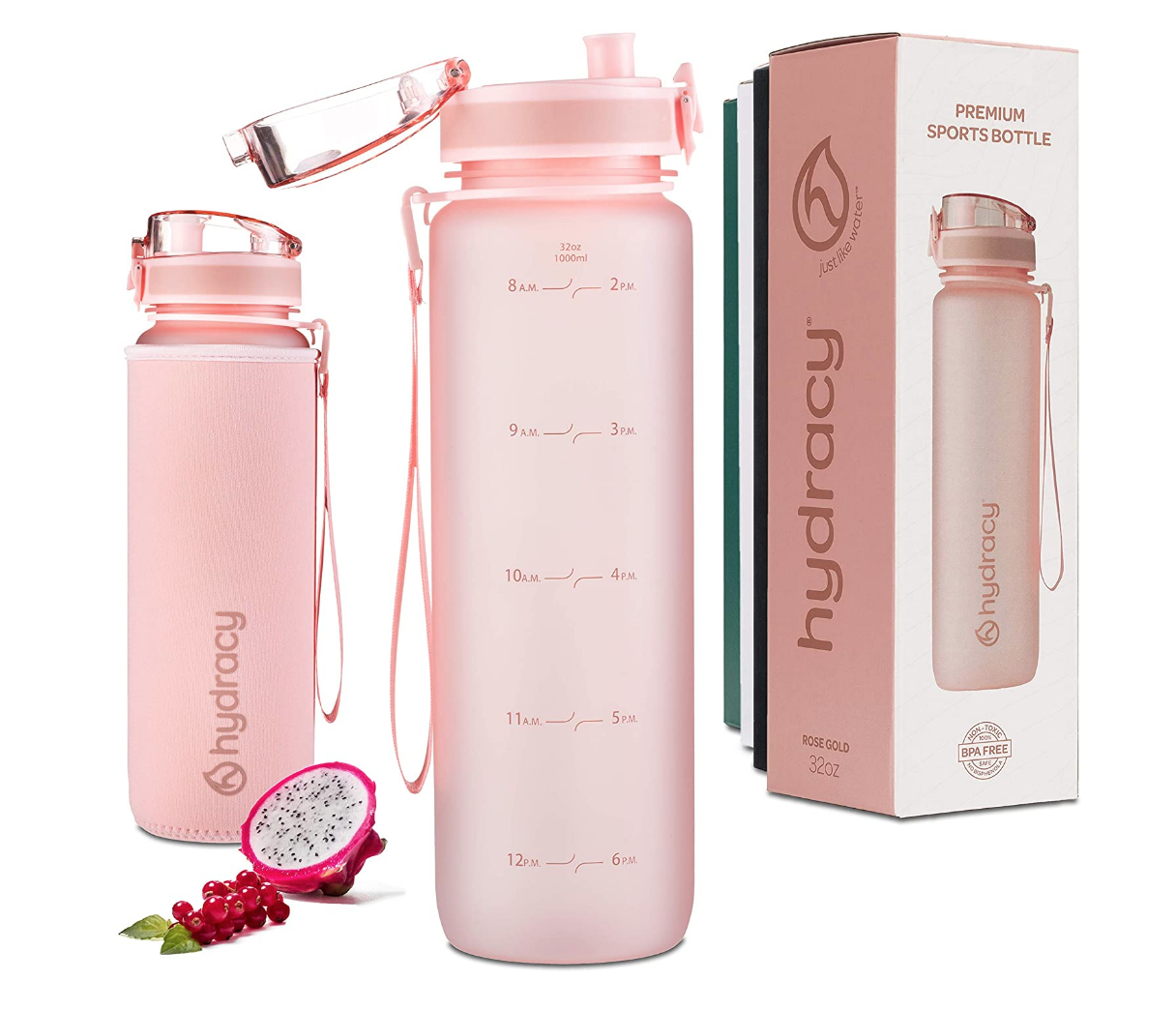 pink hydracy water bottle on a white table 