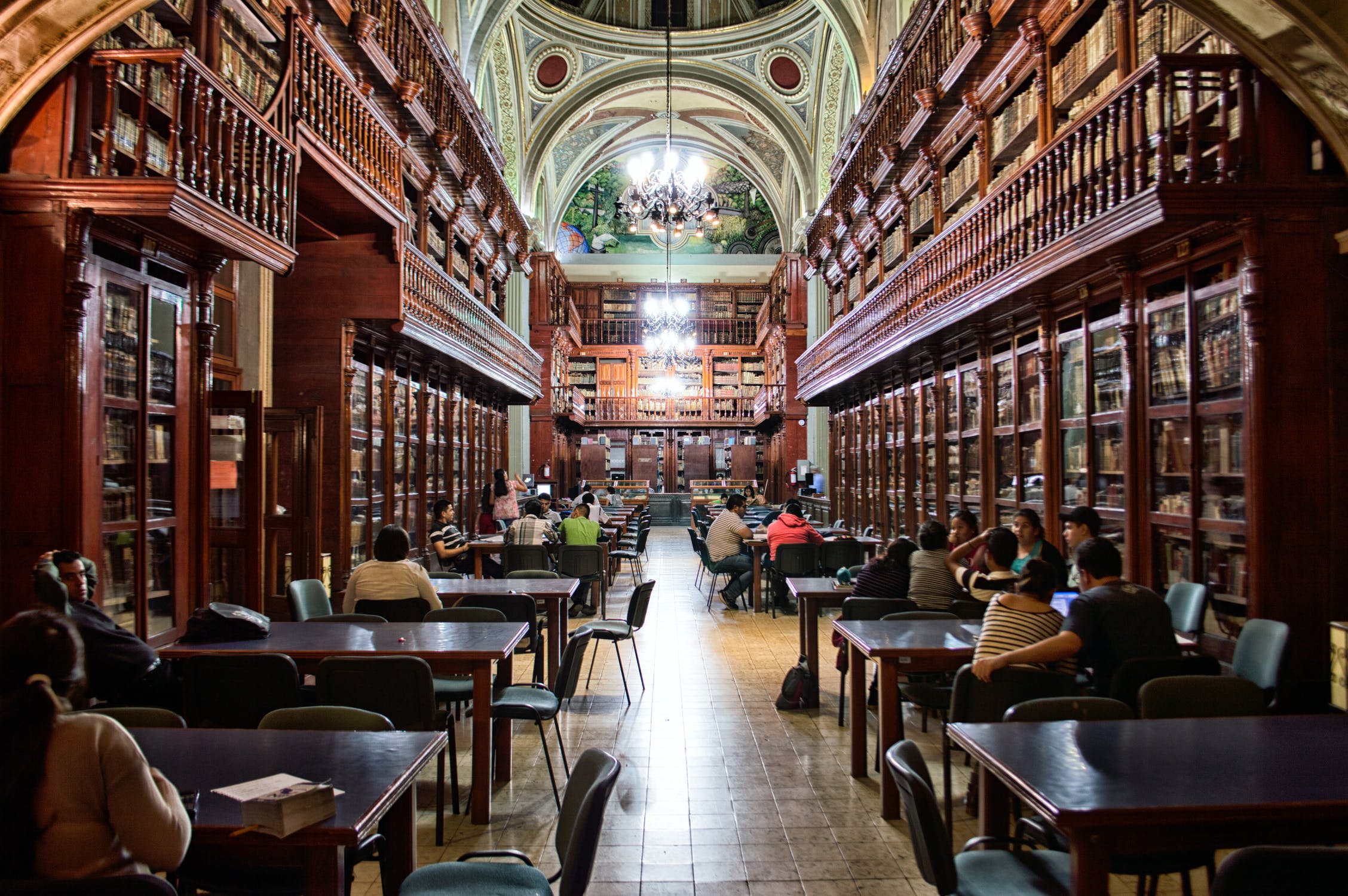 People study in a large fancy library.
