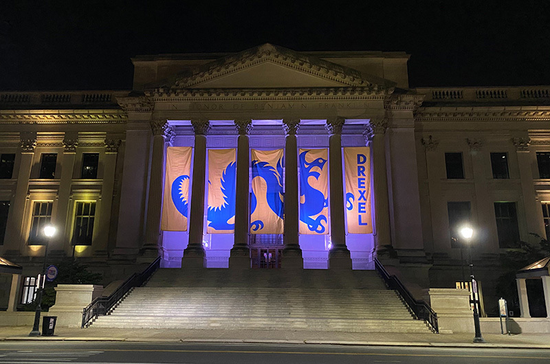 banner and building