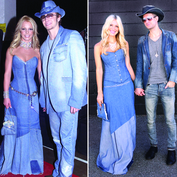 Britney Spears and Justin Timberlake in denim next to a couple dressing up as them