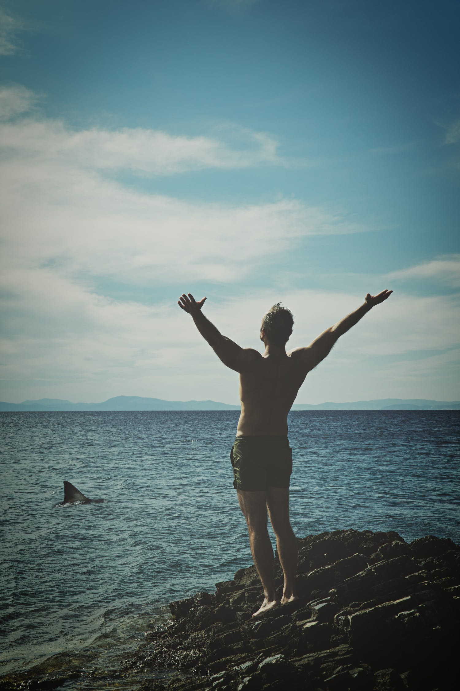 Man overlooking ocean with a shark fin