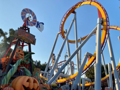 Halloween decorations stand in the foreground in front of the Silverbullet rollercoaster.