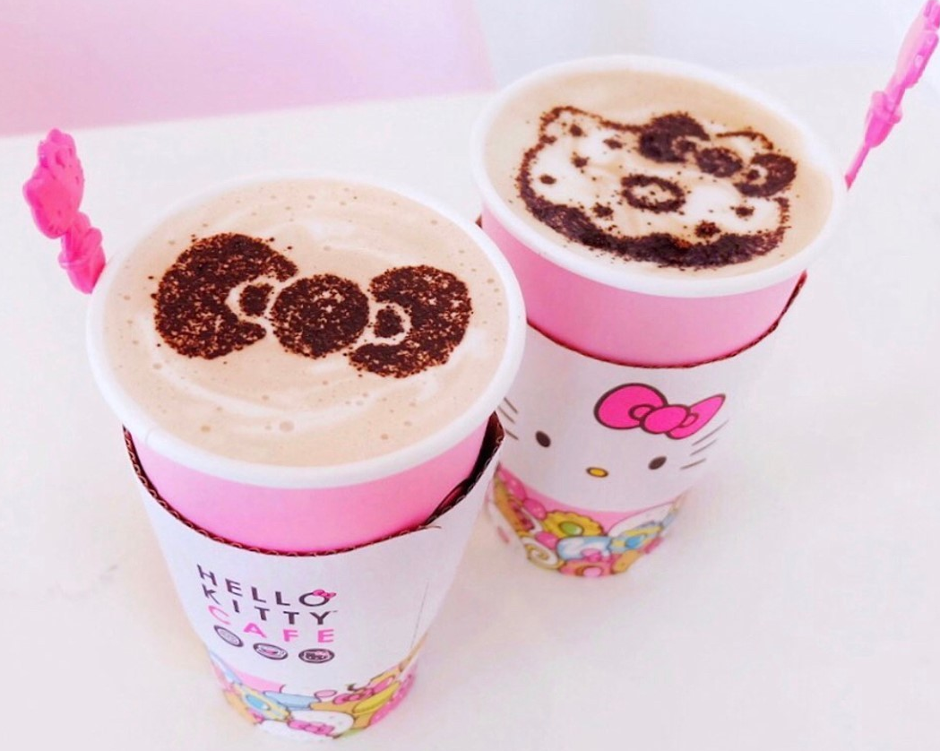 Two drinks with Hello Kitty-inspired designs from the OC Hello Kitty Cafe.