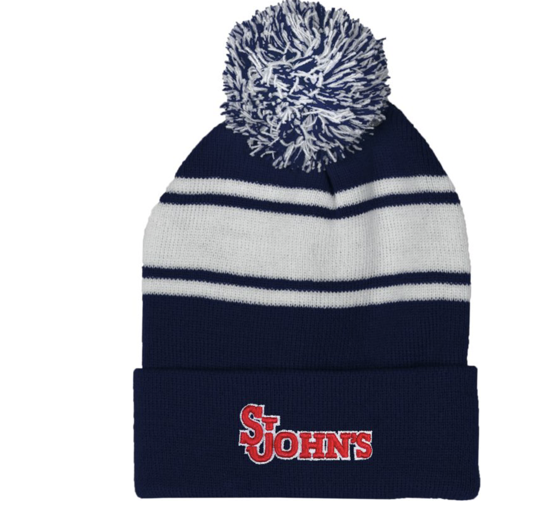 red blue and white winter SJU hat with a pompom