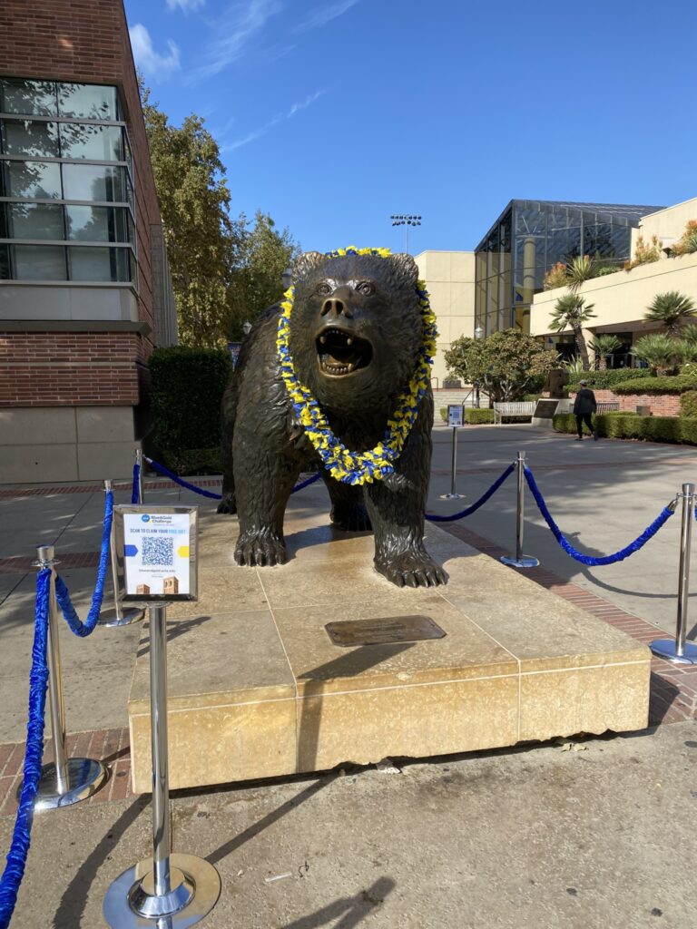 Photo of UCLA’s mascot The Bruin at the heart of campus. 