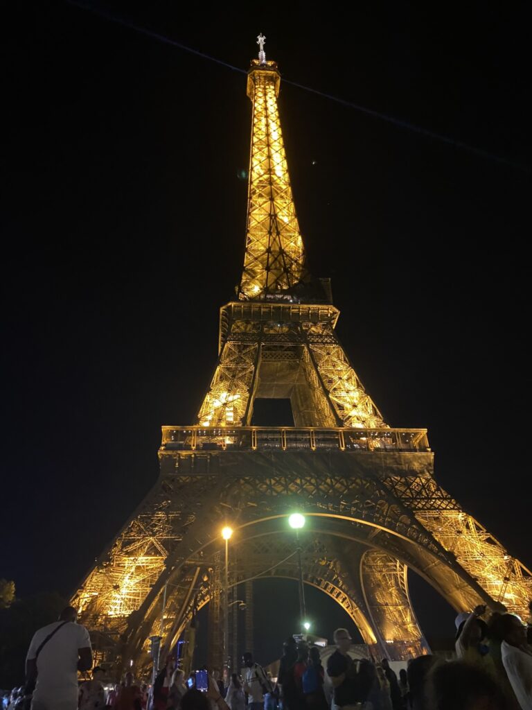 Photo of the Eiffel Tower lit up at night