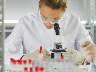 A biological science major wearing a lab coat looking through a microscope.