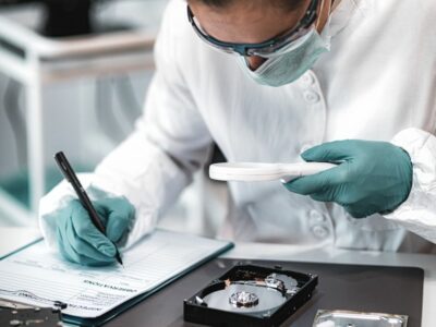 A woman in a lab coat, goggles and gloves examining something with a magnifying glass